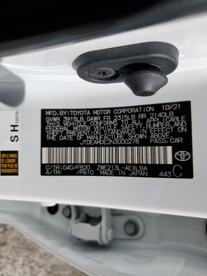 2022 TOYOTA COROLLA LE VIN:JTDEAMDE2N3000278