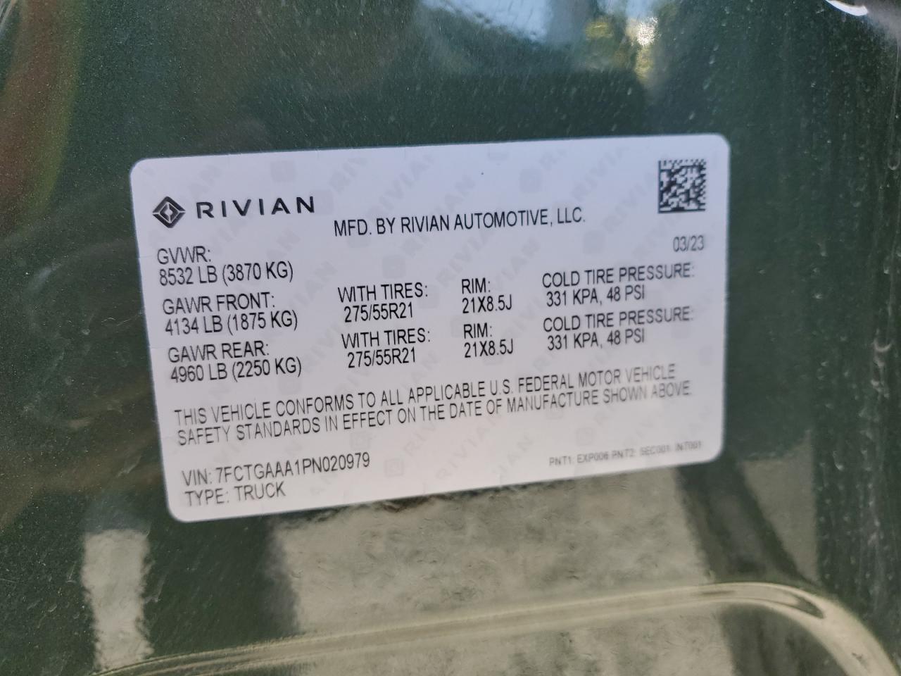2023 RIVIAN R1T ADVENTURE VIN:7FCTGAAA1PN020979