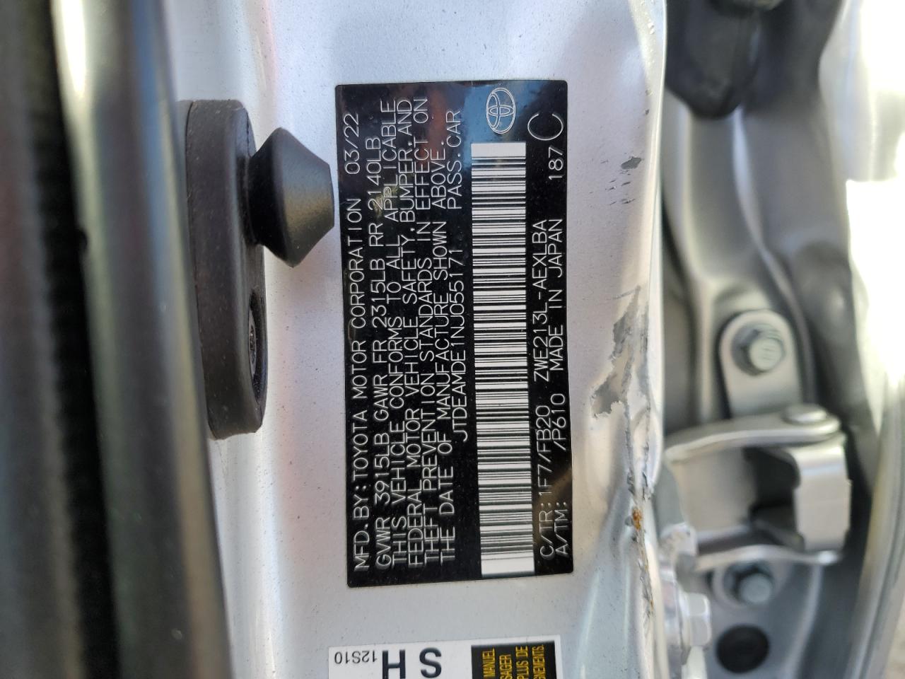 2022 TOYOTA COROLLA LE VIN:JTDEAMDE1NJ055171