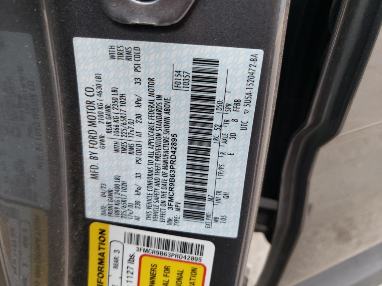 2023 FORD BRONCO SPORT BIG BEND VIN:3FMCR9B63PRD42895
