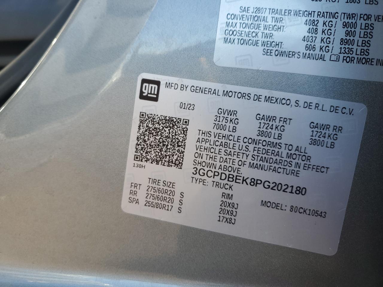 2023 CHEVROLET SILVERADO K1500 CUSTOM VIN:3GCPDBEK8PG202180