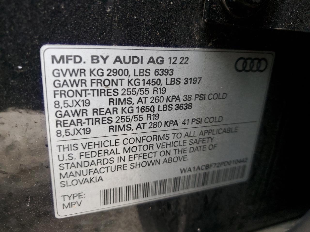2023 AUDI Q7 PREMIUM VIN:WA1ACBF72PD010442