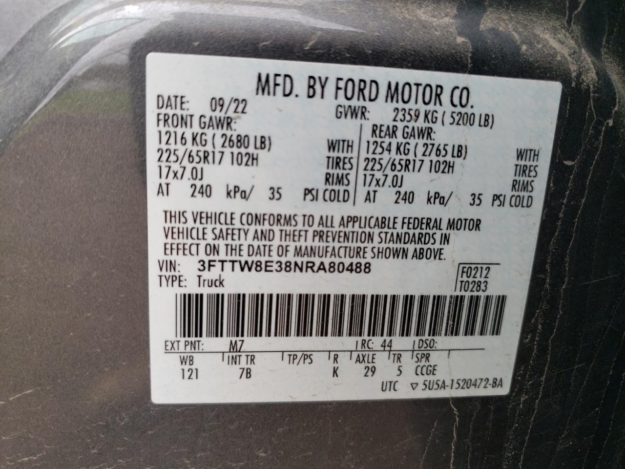 2022 FORD MAVERICK XL VIN:3FTTW8E38NRA80488