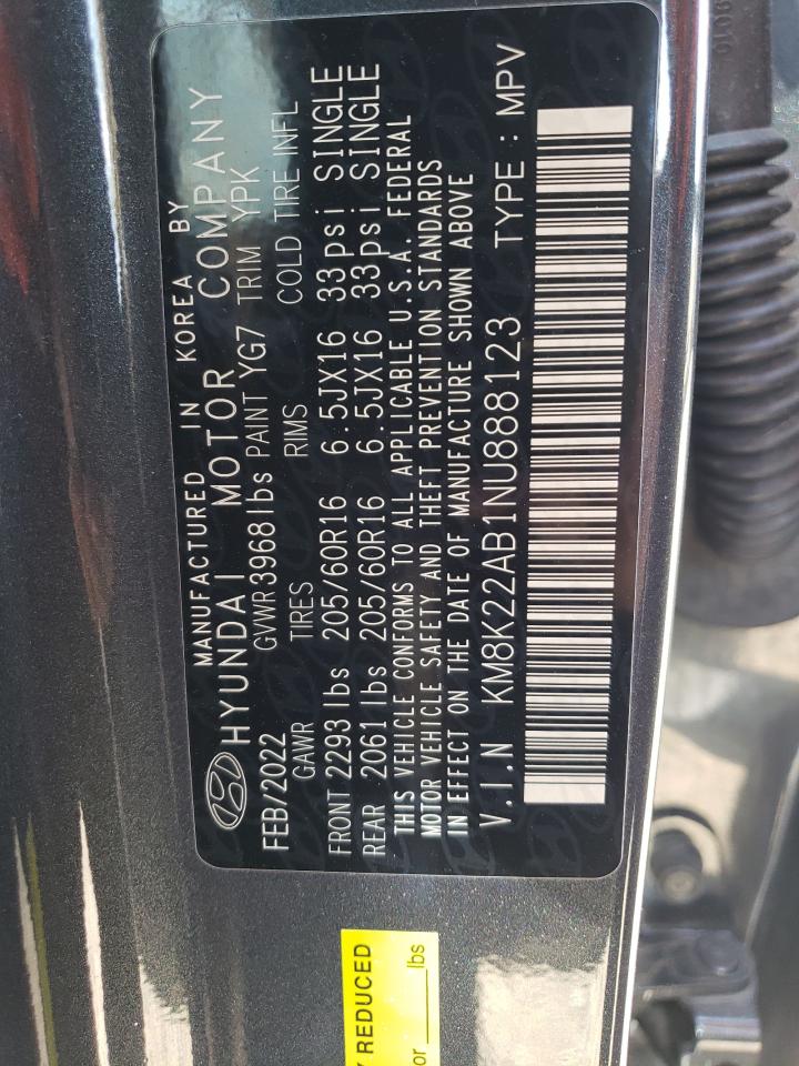 2022 HYUNDAI KONA SEL VIN:KM8K22AB1NU888123