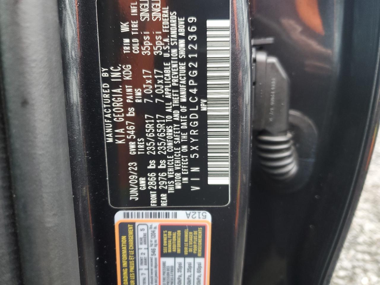 2023 KIA SORENTO LX VIN:5XYRGDLC4PG212369