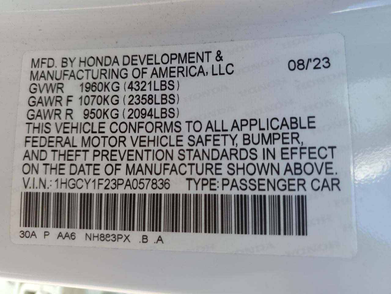 2023 HONDA ACCORD LX VIN:1HGCY1F23PA057836