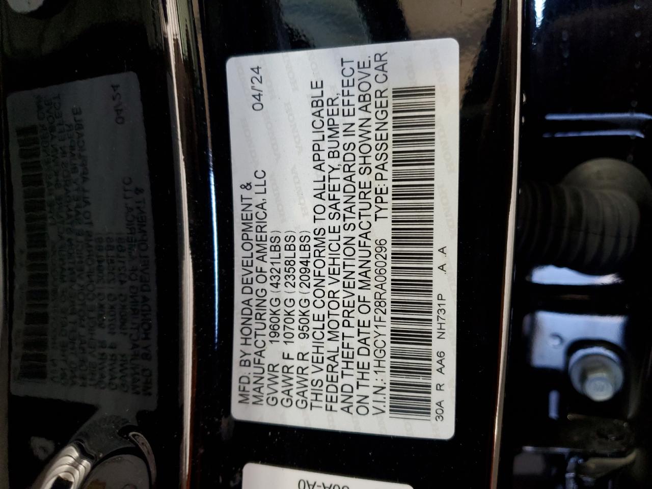 2024 HONDA ACCORD LX VIN:1HGCY1F28RA060296