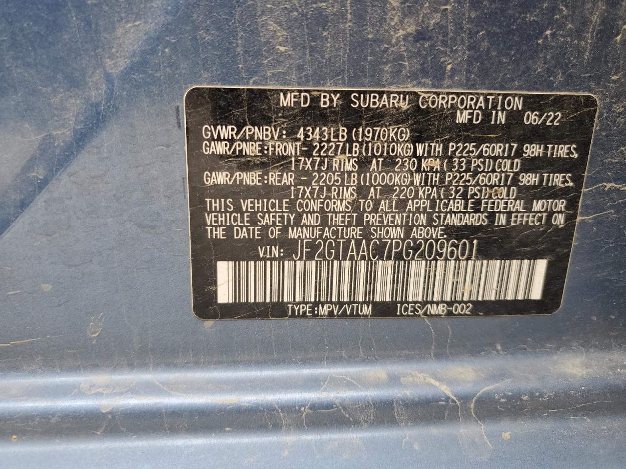 2023 SUBARU CROSSTREK VIN:JF2GTAAC7PG209601