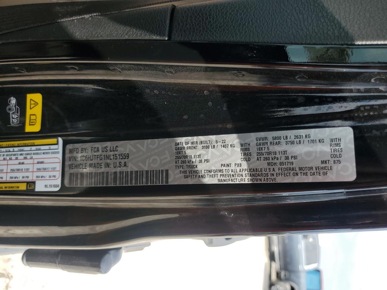 2022 JEEP GLADIATOR OVERLAND VIN:1C6HJTFG1NL151559