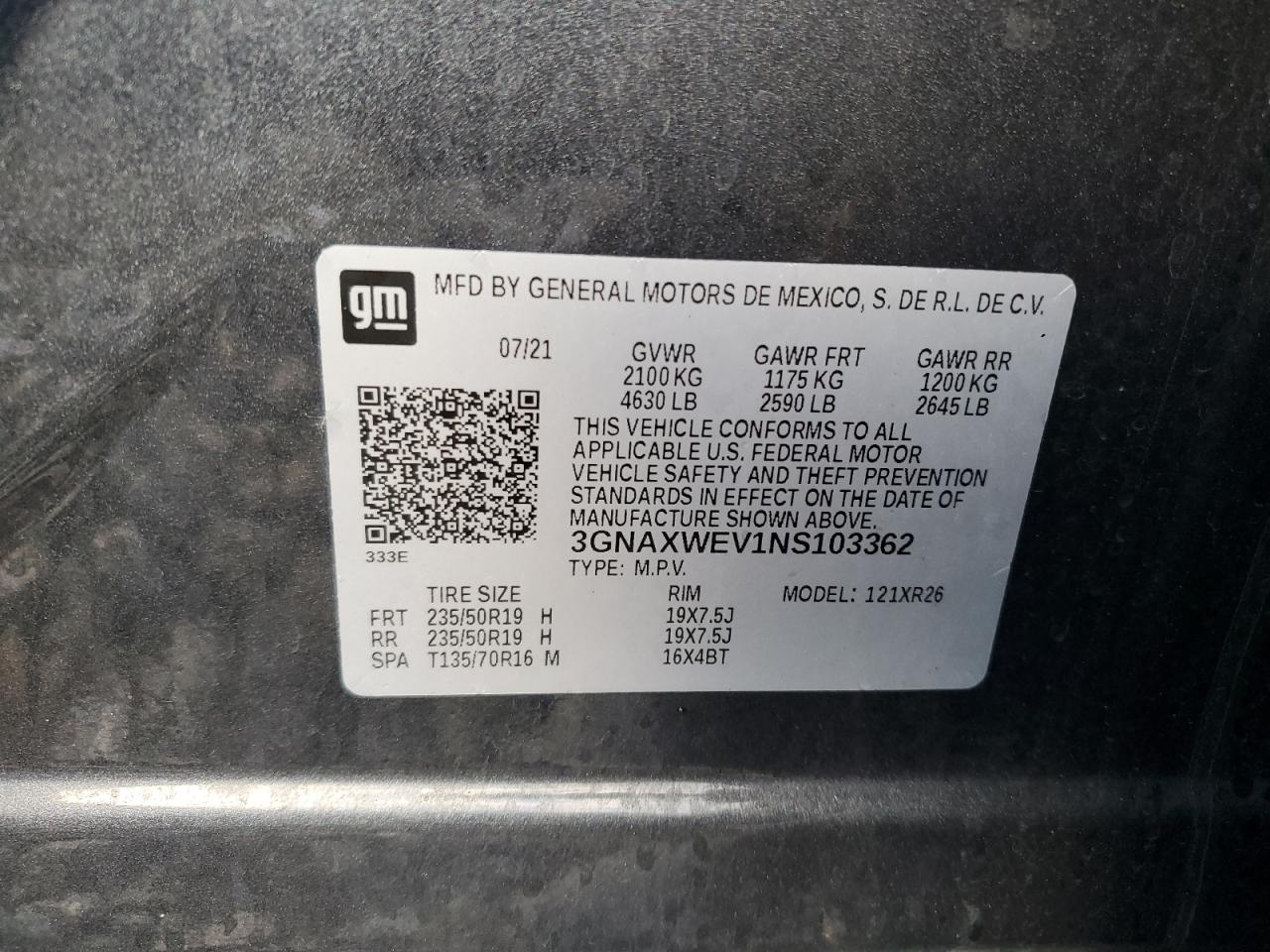 2022 CHEVROLET EQUINOX RS VIN:3GNAXWEV1NS103362