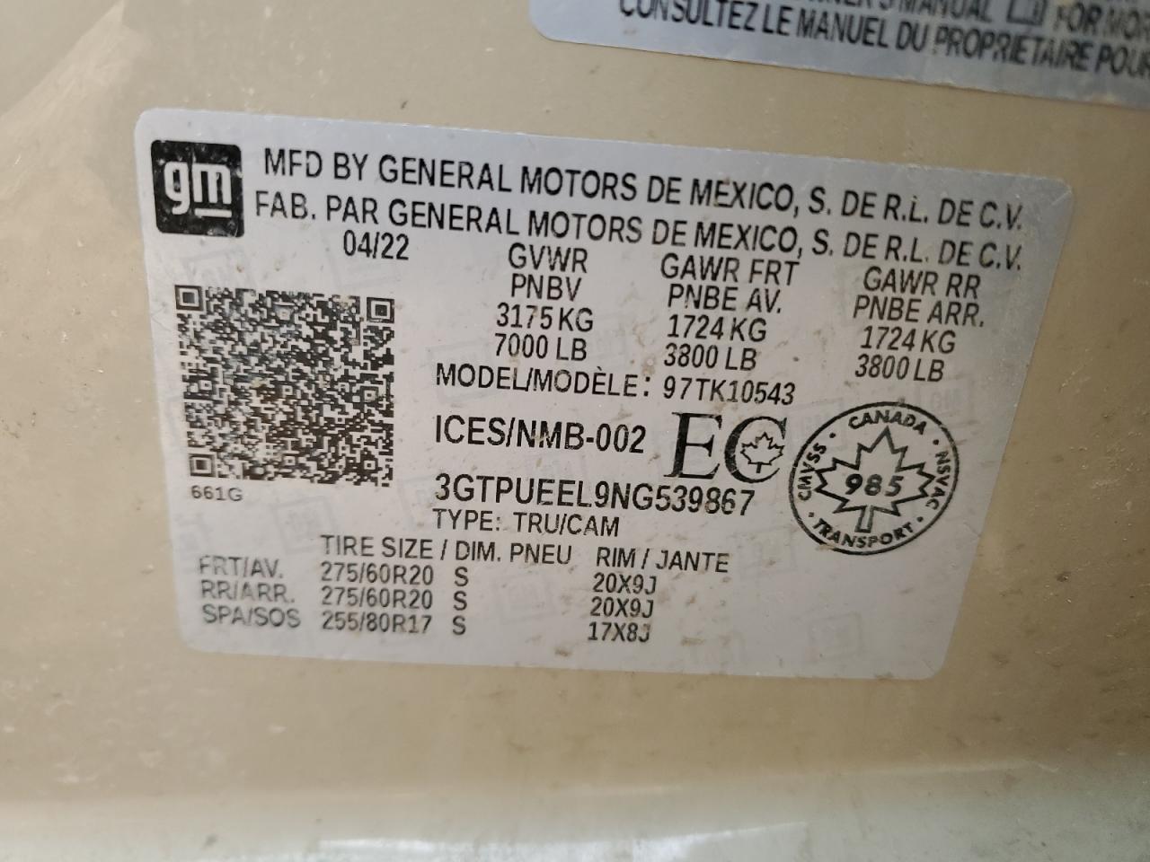 2022 GMC SIERRA K1500 AT4 VIN:3GTPUEEL9NG539867