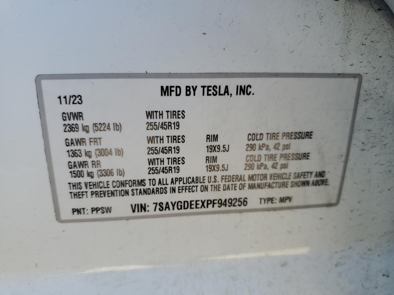 2023 TESLA MODEL Y VIN:7SAYGDEEXPF949256