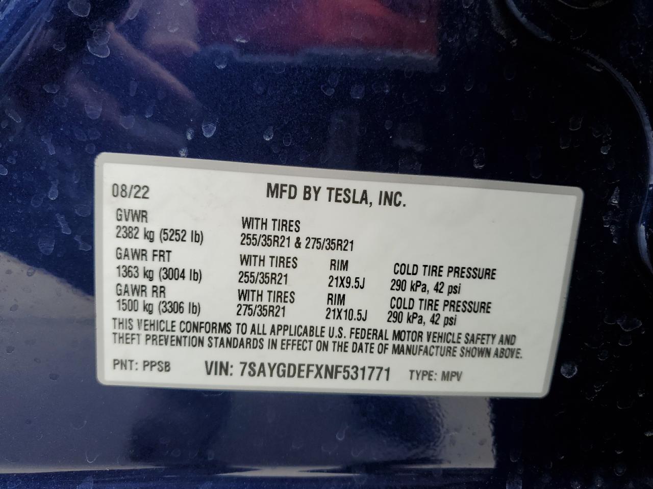 2022 TESLA MODEL Y VIN:7SAYGDEFXNF531771