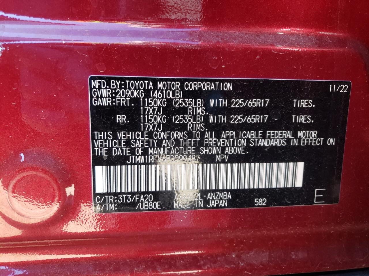 2023 TOYOTA RAV4 XLE VIN:JTMW1RFV6PD099487