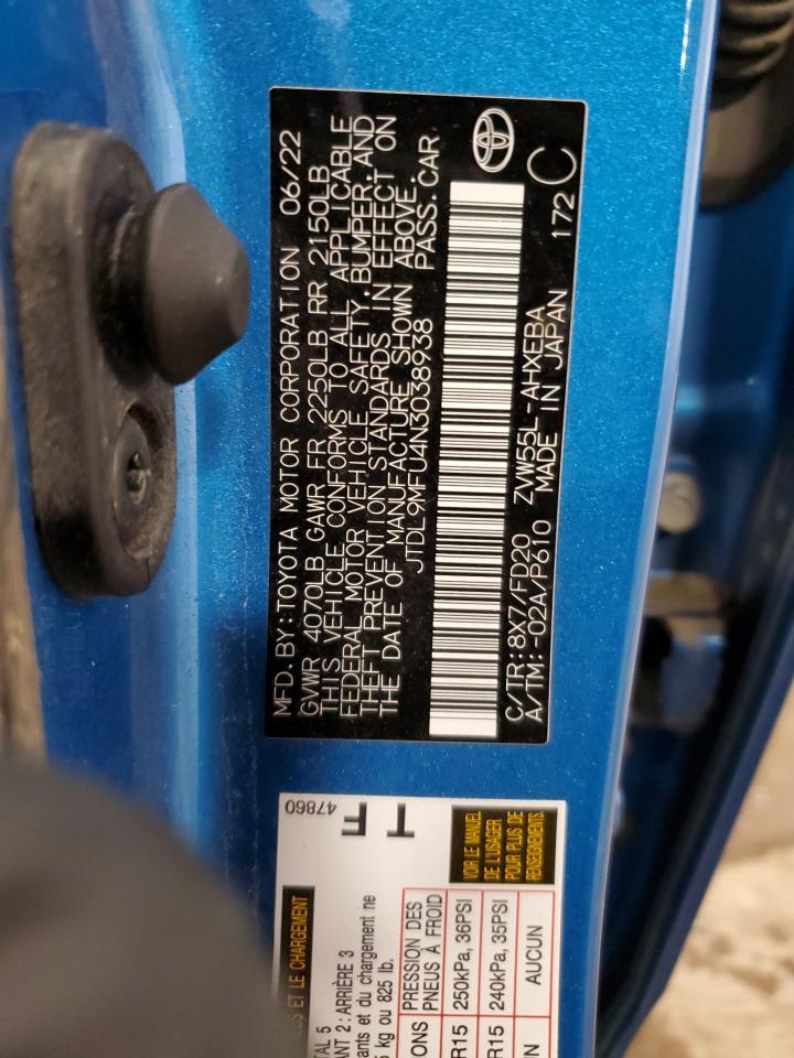 2022 TOYOTA PRIUS LE VIN:JTDL9MFU4N3038938