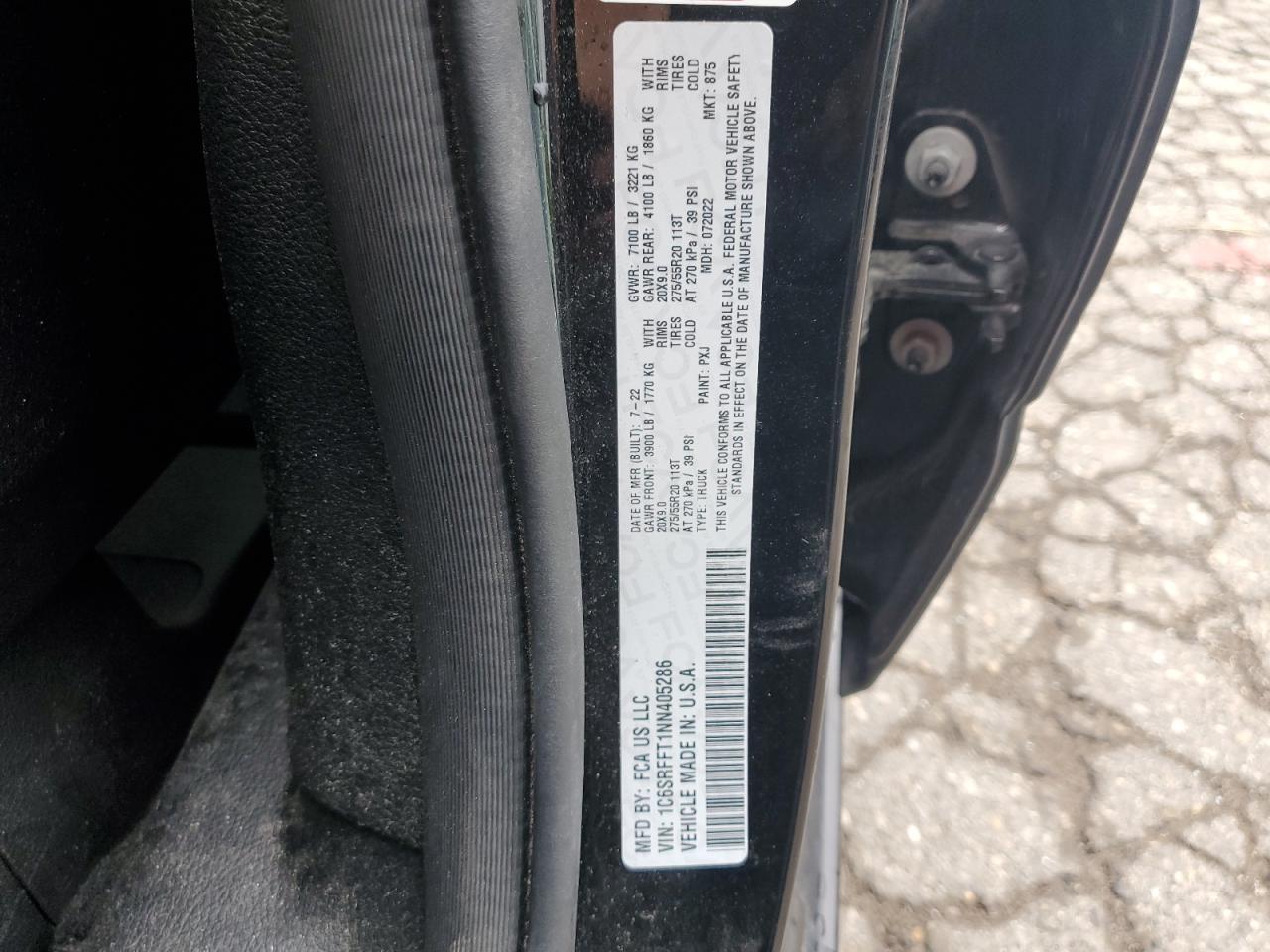 2022 RAM 1500 BIG HORN/LONE STAR VIN:1C6SRFFT1NN405286