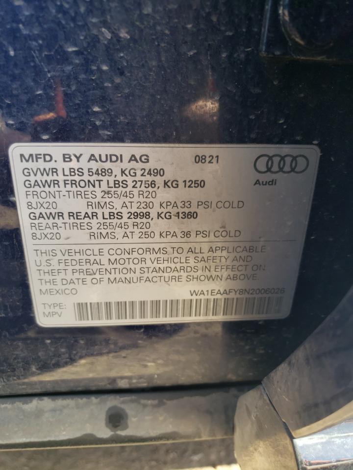 2022 AUDI Q5 PREMIUM PLUS 45 VIN:WA1EAAFY8N2006026