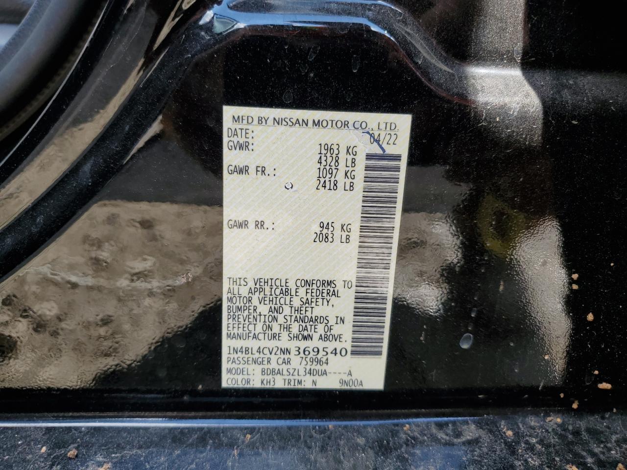 2022 NISSAN ALTIMA SR VIN:1N4BL4CV2NN369540