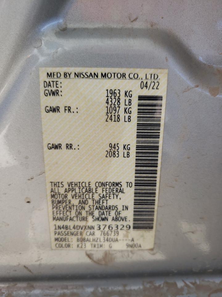 2022 NISSAN ALTIMA SV VIN:1N4BL4DVXNN376329