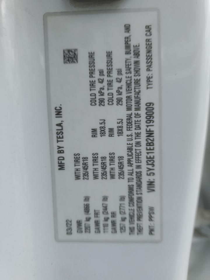 2022 TESLA MODEL 3 VIN:5YJ3E1EB2NF199009
