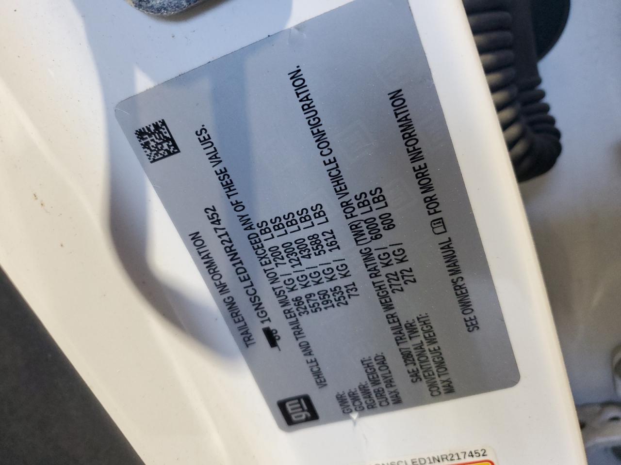 2022 CHEVROLET TAHOE C1500 VIN:1GNSCLED1NR217452