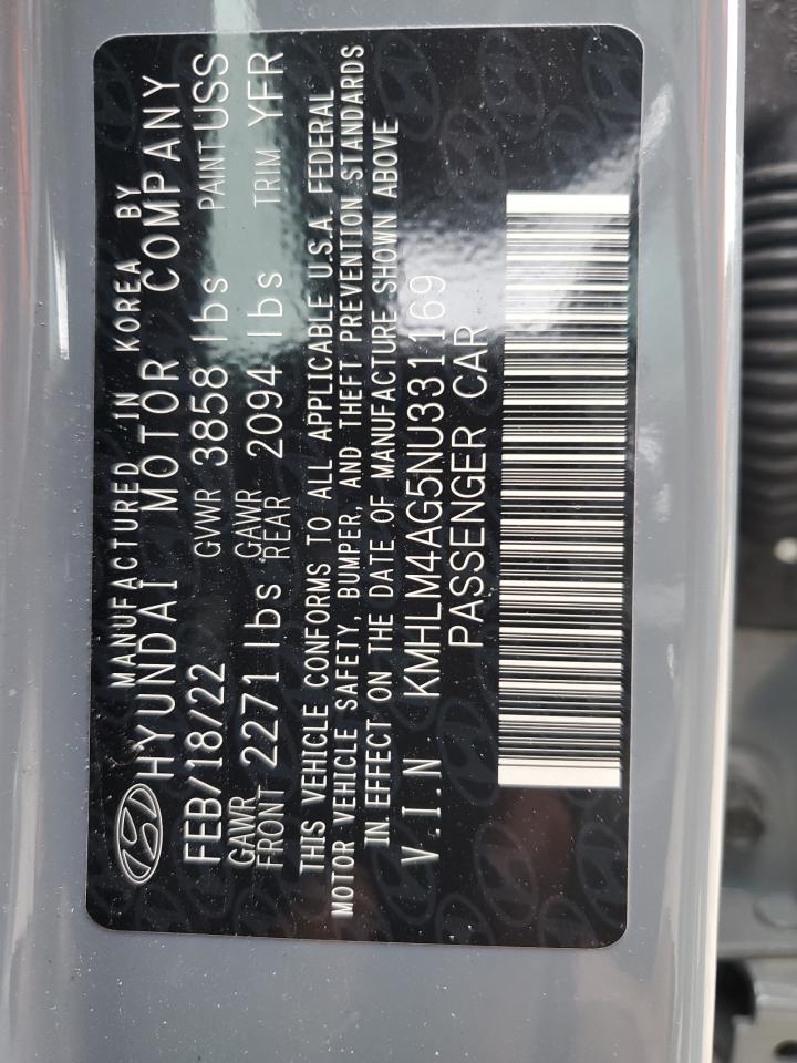 2022 HYUNDAI ELANTRA SEL VIN:KMHLM4AG5NU331169