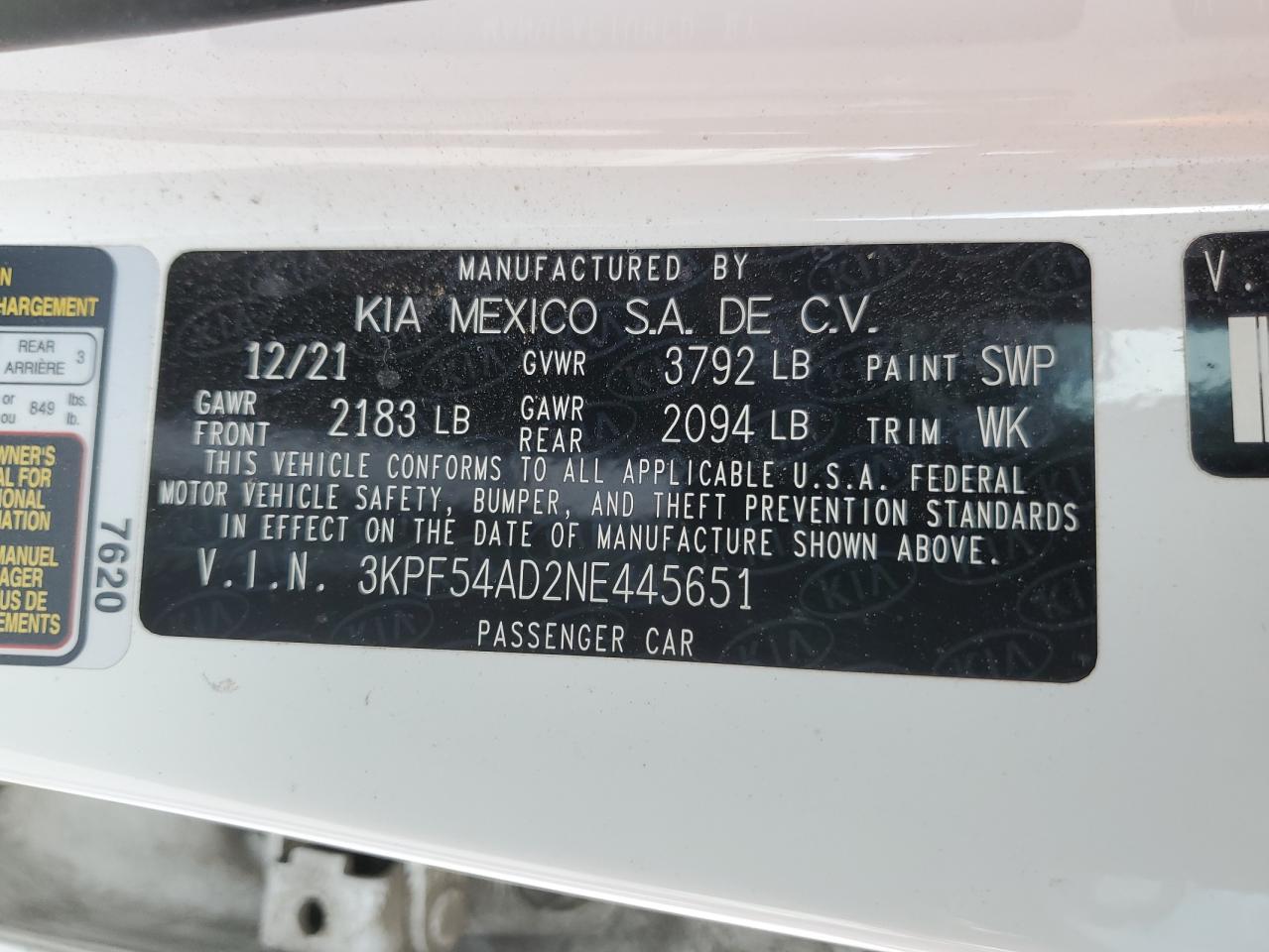 2022 KIA FORTE GT LINE VIN:3KPF54AD2NE445651