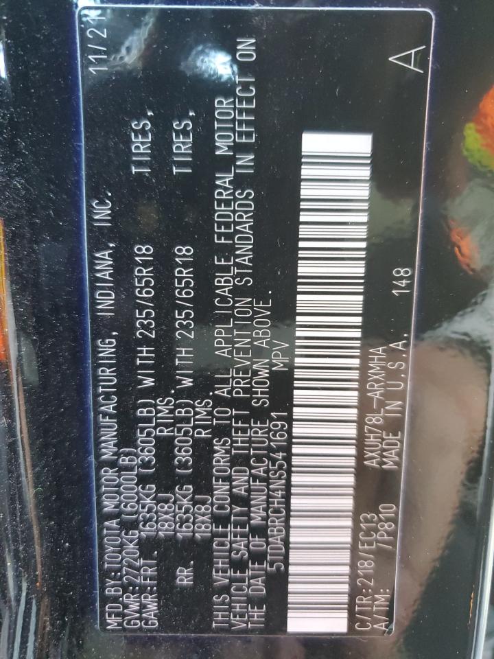 2022 TOYOTA HIGHLANDER HYBRID XLE VIN:5TDABRCH4NS541691