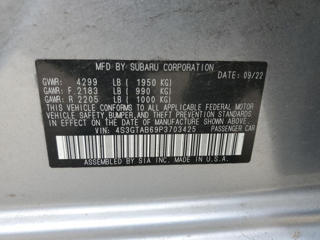 2023 SUBARU IMPREZA VIN:4S3GTAB69P3703425