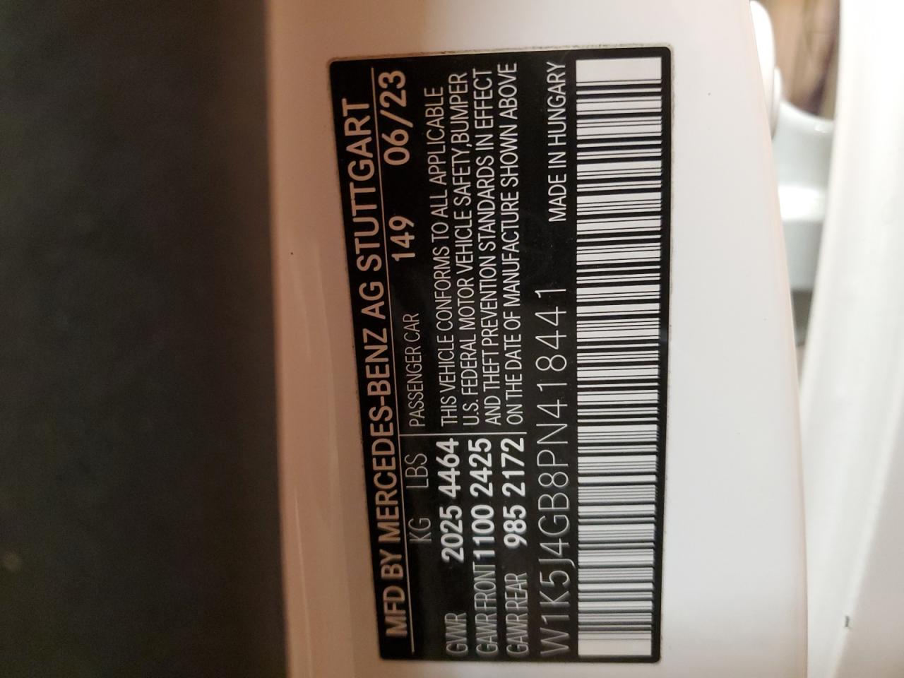 2023 MERCEDES-BENZ CLA 250 VIN:W1K5J4GB8PN418441