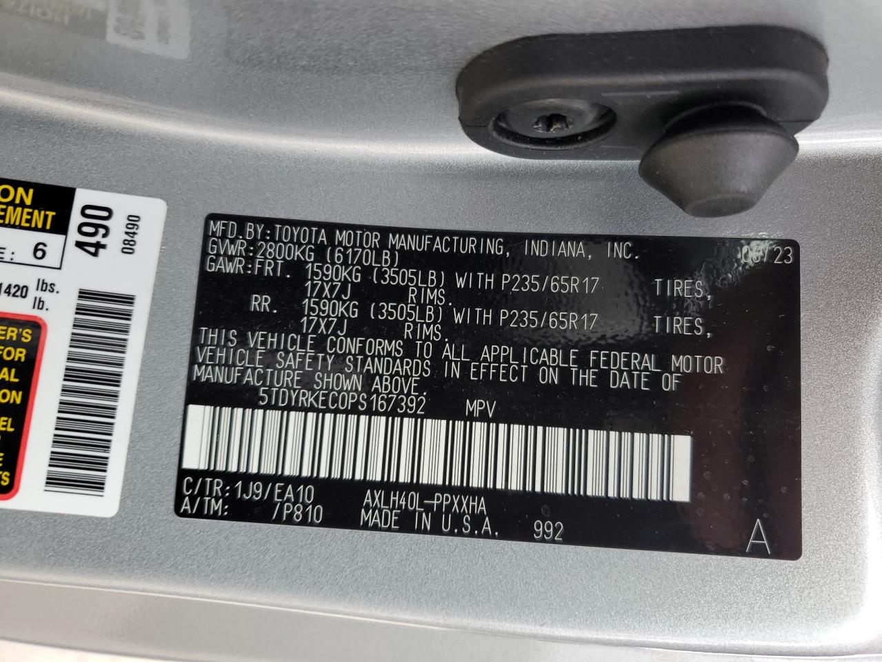 2023 TOYOTA SIENNA XLE VIN:5TDYRKEC0PS167392