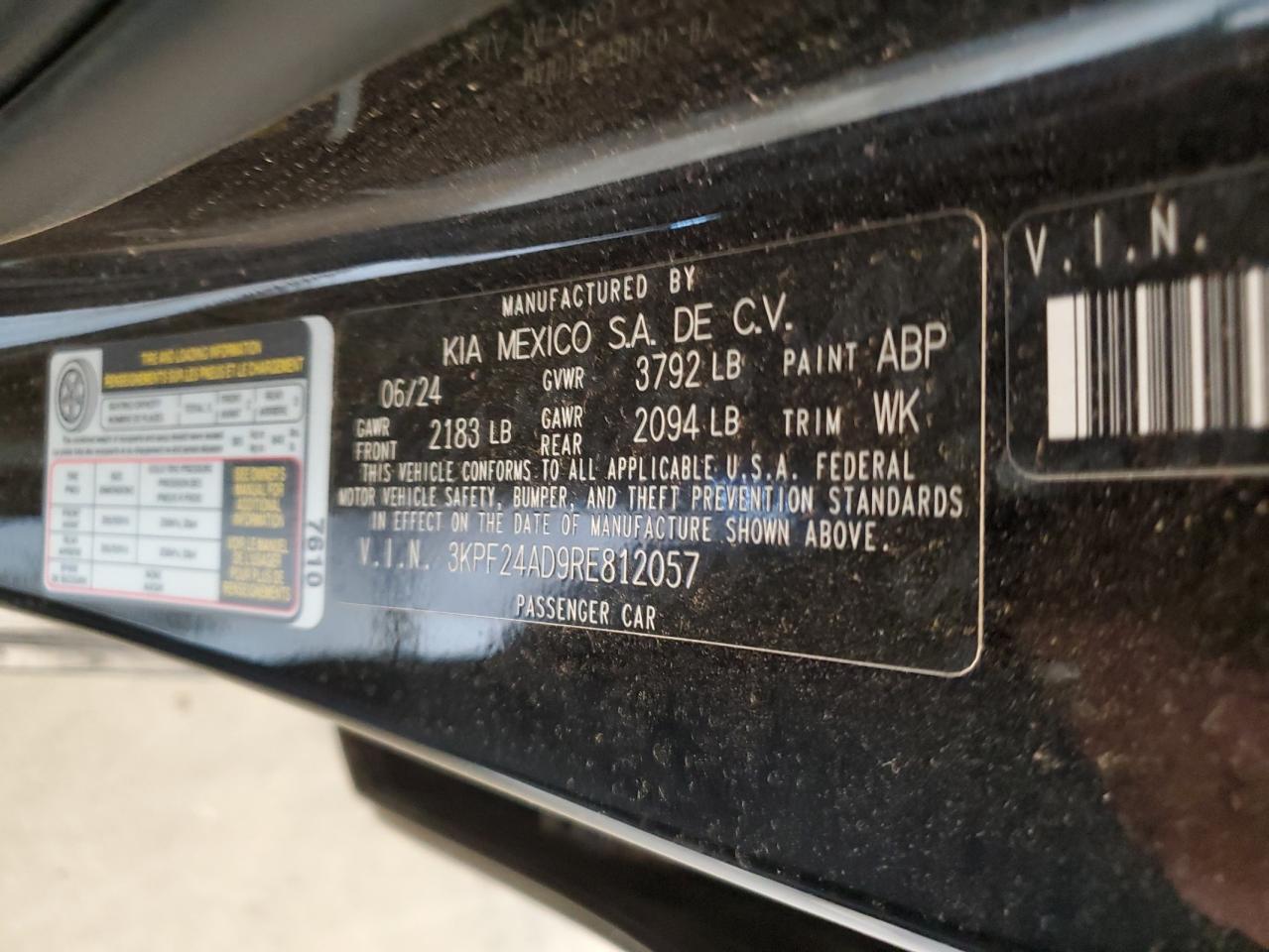 2024 KIA FORTE LX VIN:3KPF24AD9RE812057