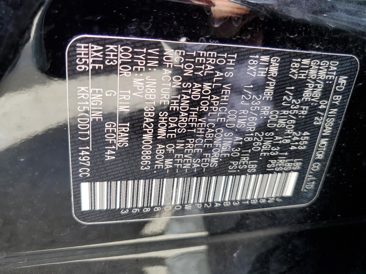 2023 NISSAN ROGUE SV VIN:JN8BT3BA2PW008863