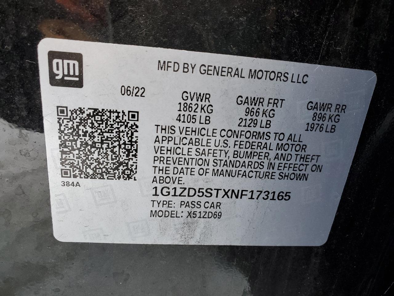 2022 CHEVROLET MALIBU LT VIN:1G1ZD5STXNF173165