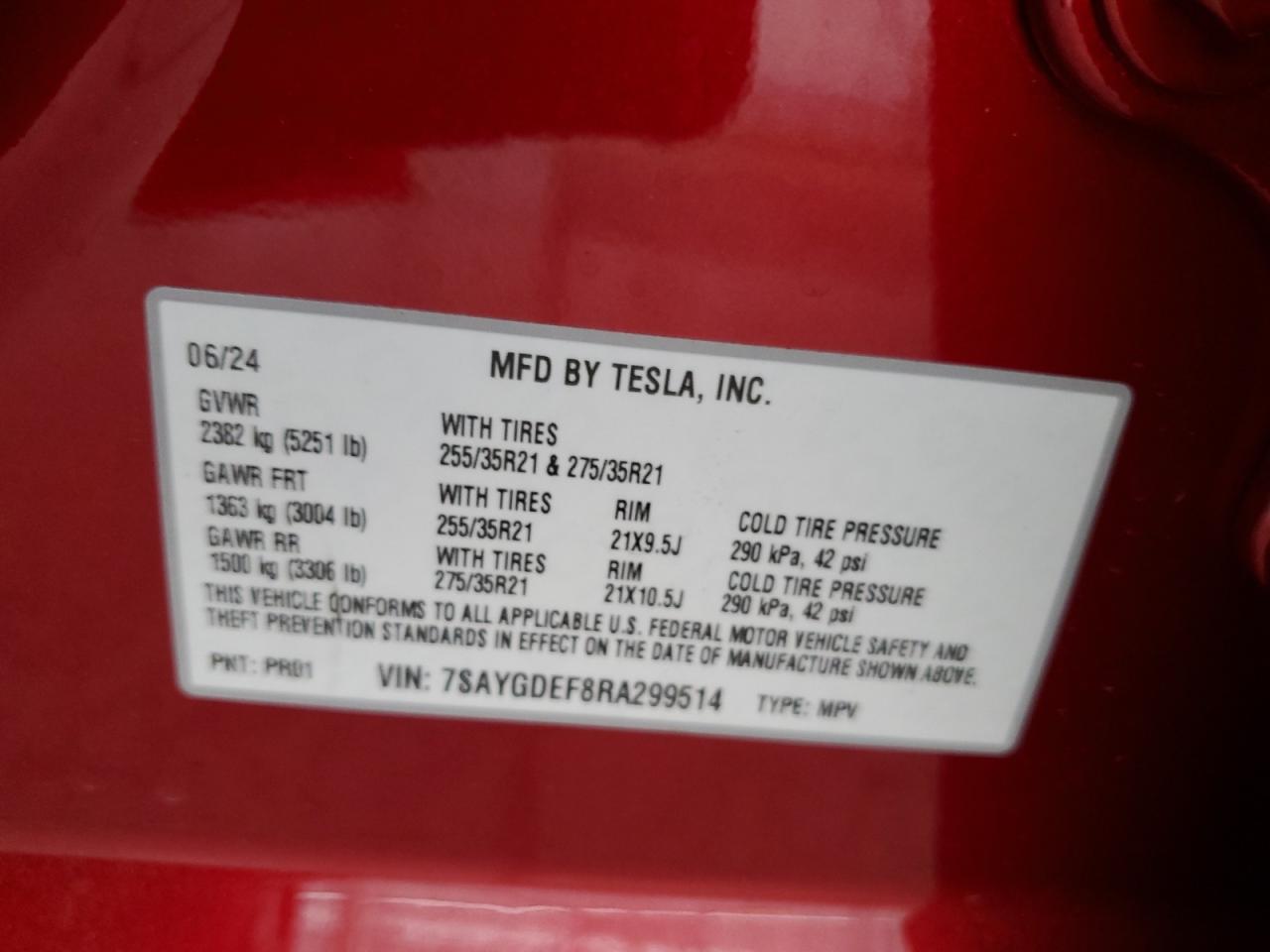 2024 TESLA MODEL Y VIN:7SAYGDEF8RA299514