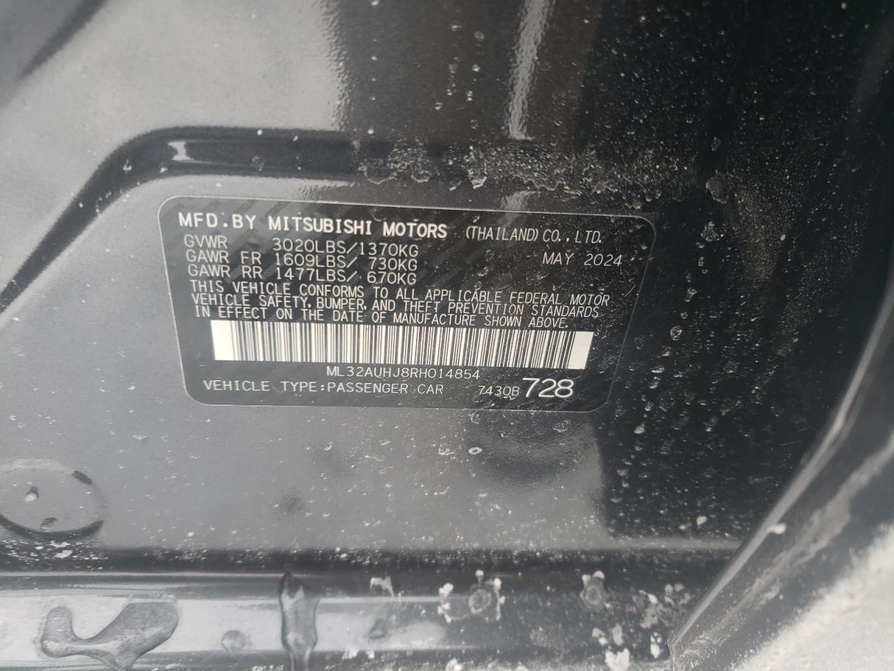 2024 MITSUBISHI MIRAGE ES VIN:ML32AUHJ8RH014854