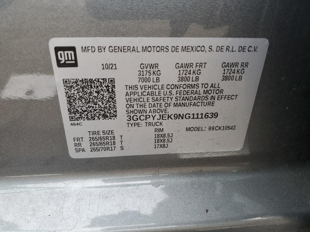 2022 CHEVROLET SILVERADO LTD K1500 LT-L VIN:3GCPYJEK9NG111639