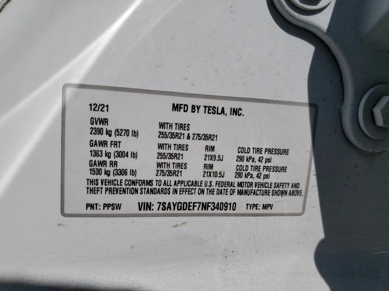 2022 TESLA MODEL Y VIN:7SAYGDEF7NF340910
