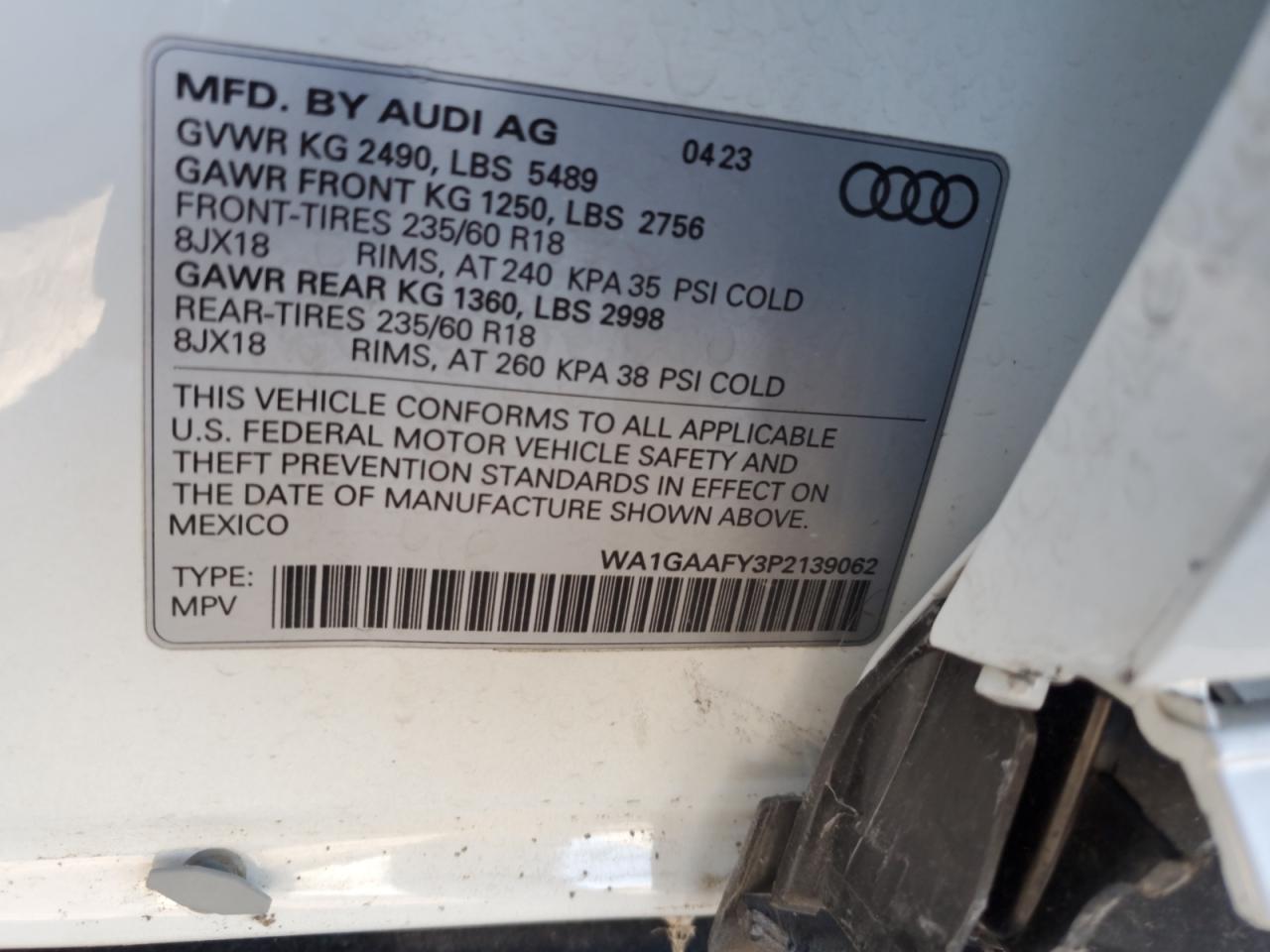 2023 AUDI Q5 PREMIUM 45 VIN:WA1GAAFY3P2139062