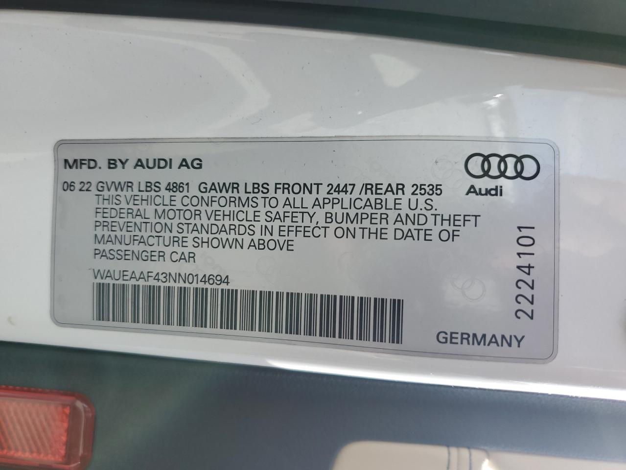 2022 AUDI A4 PREMIUM PLUS 45 VIN:WAUEAAF43NN014694
