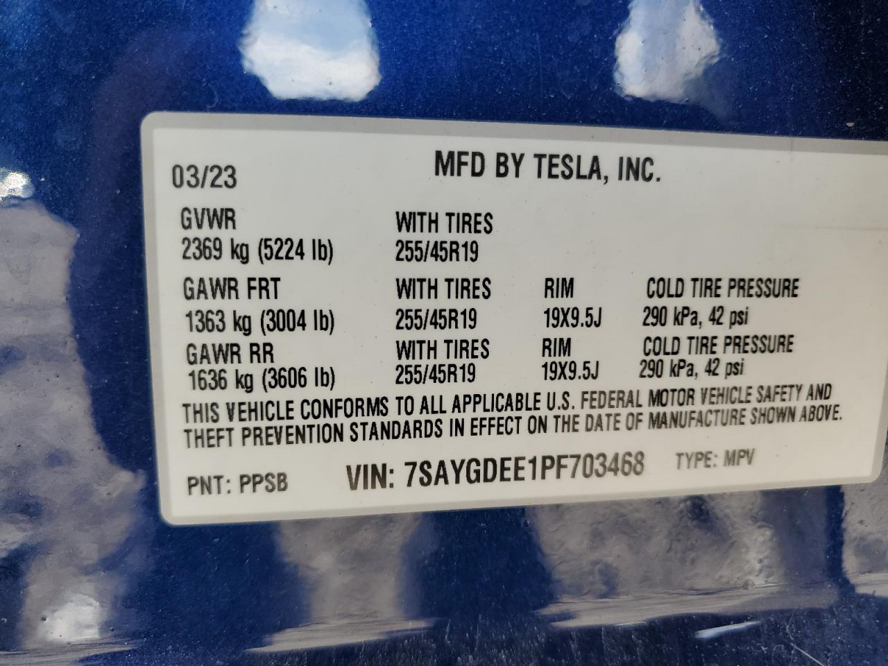 2023 TESLA MODEL Y VIN:7SAYGDEE1PF703468