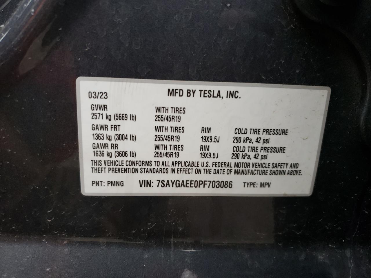 2023 TESLA MODEL Y VIN:7SAYGAEE0PF703086