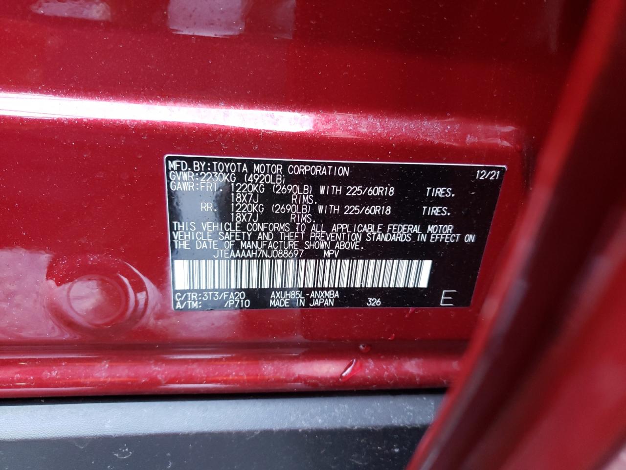2022 TOYOTA VENZA LE VIN:JTEAAAAH7NJ088697