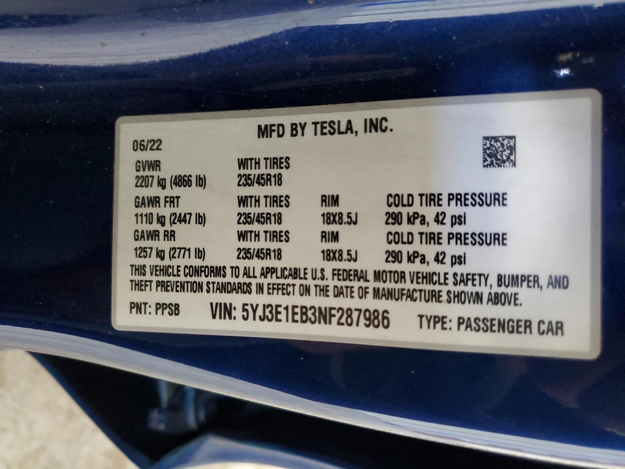 2022 TESLA MODEL 3 VIN:5YJ3E1EB3NF287986