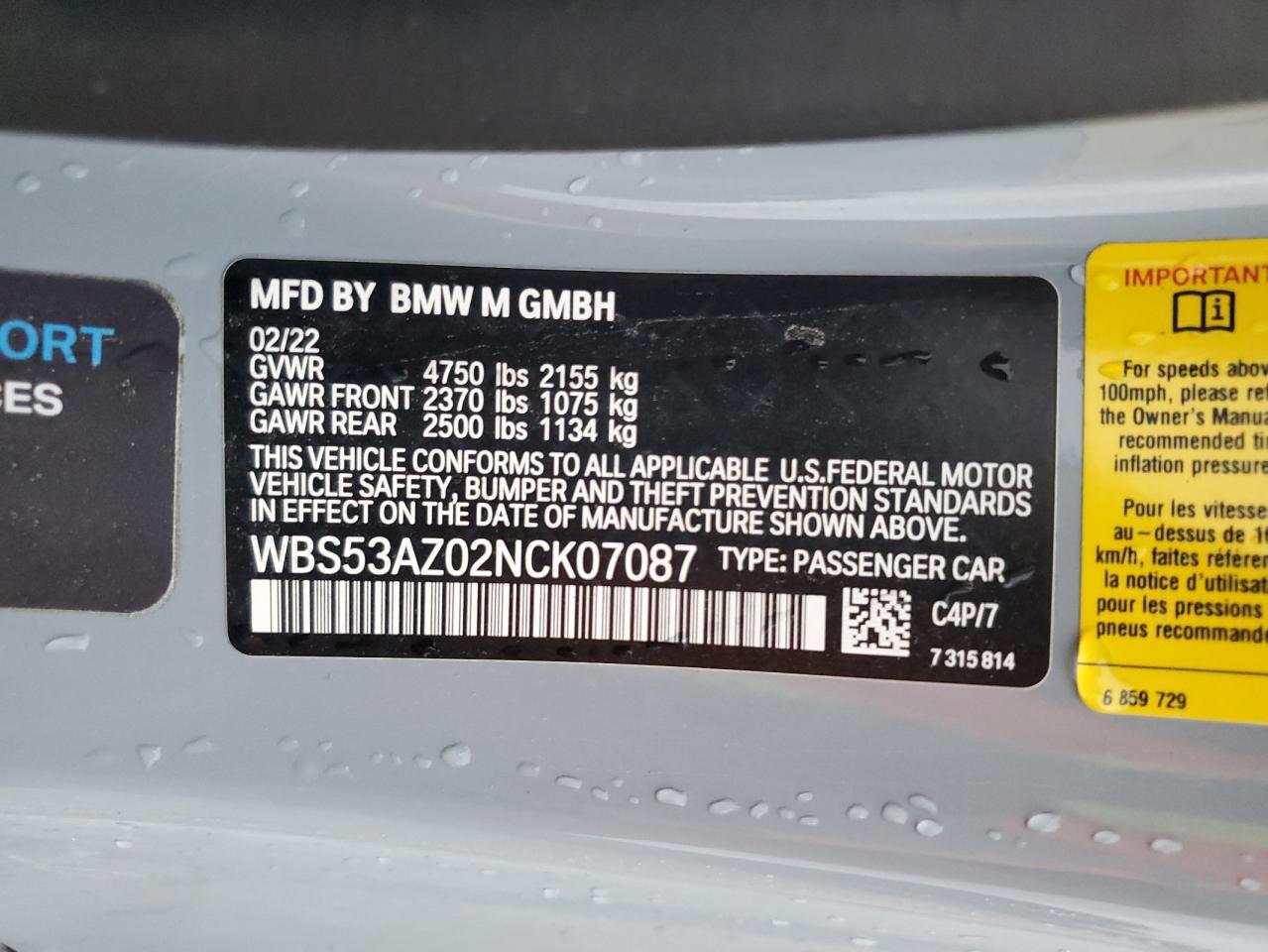 2022 BMW M4 VIN:WBS53AZ02NCK07087