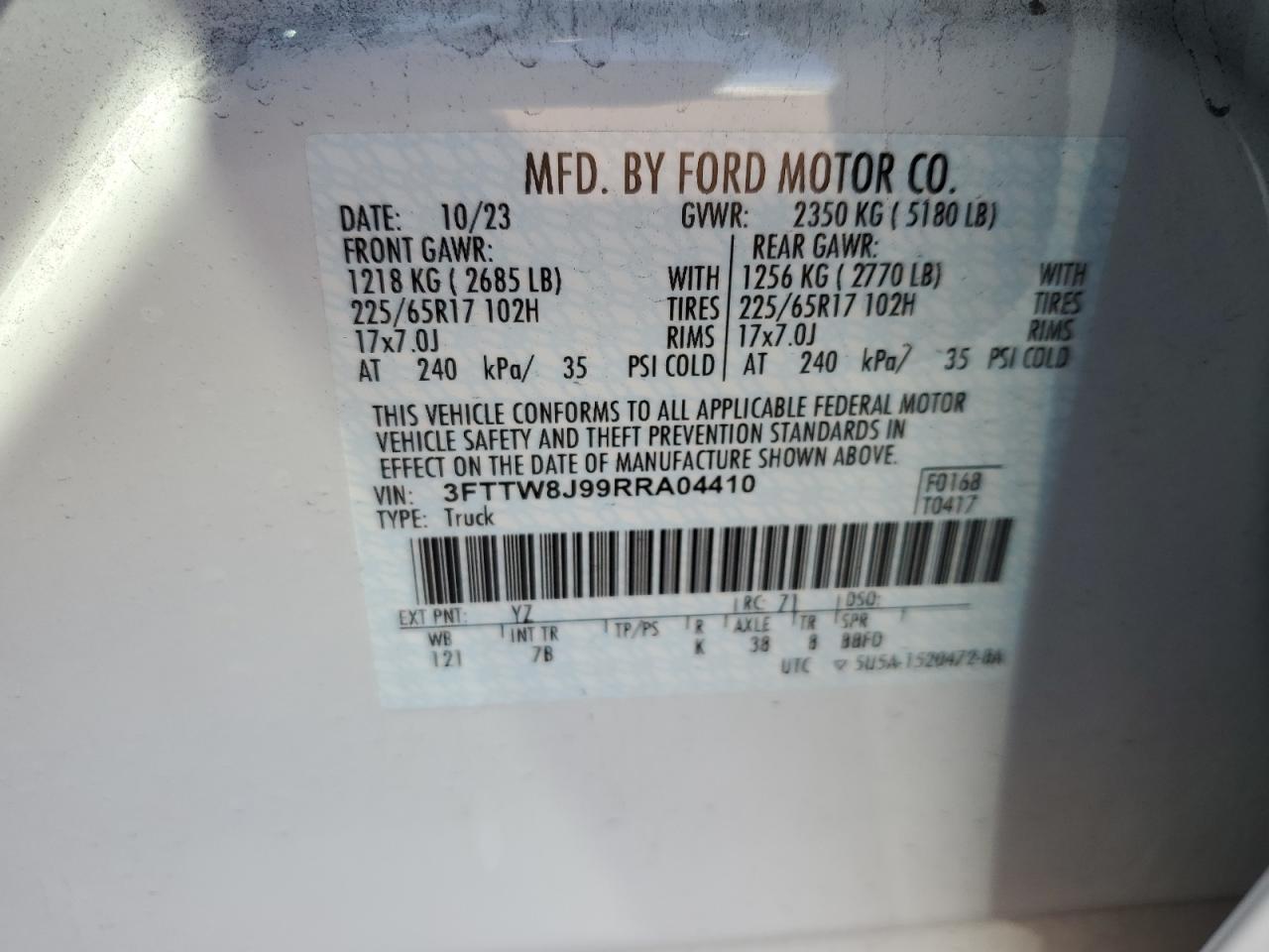 2024 FORD MAVERICK XLT VIN:3FTTW8J99RRA04410