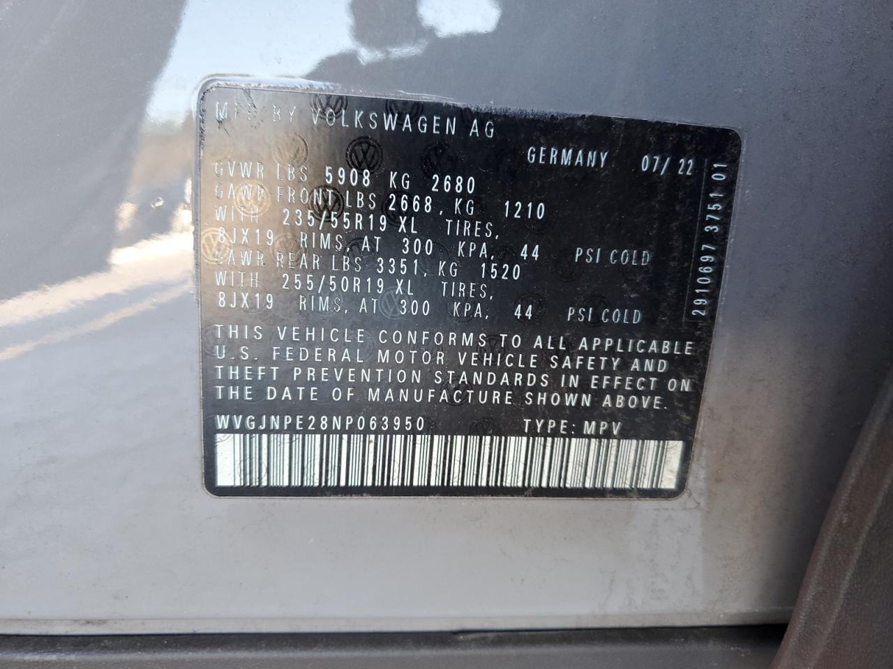 2022 VOLKSWAGEN ID.4 PRO VIN:WVGJNPE28NP063950