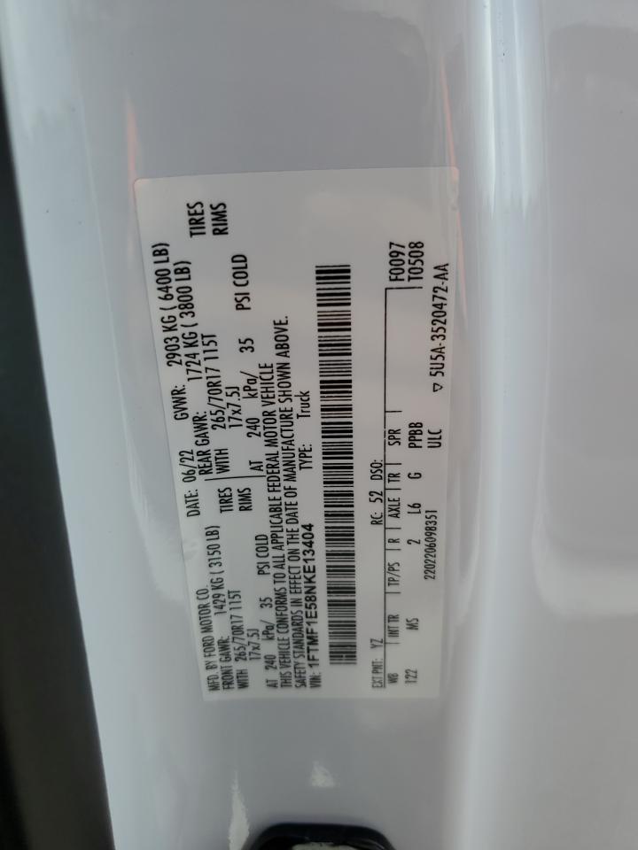 2022 FORD F150 VIN:1FTMF1E58NKE13404