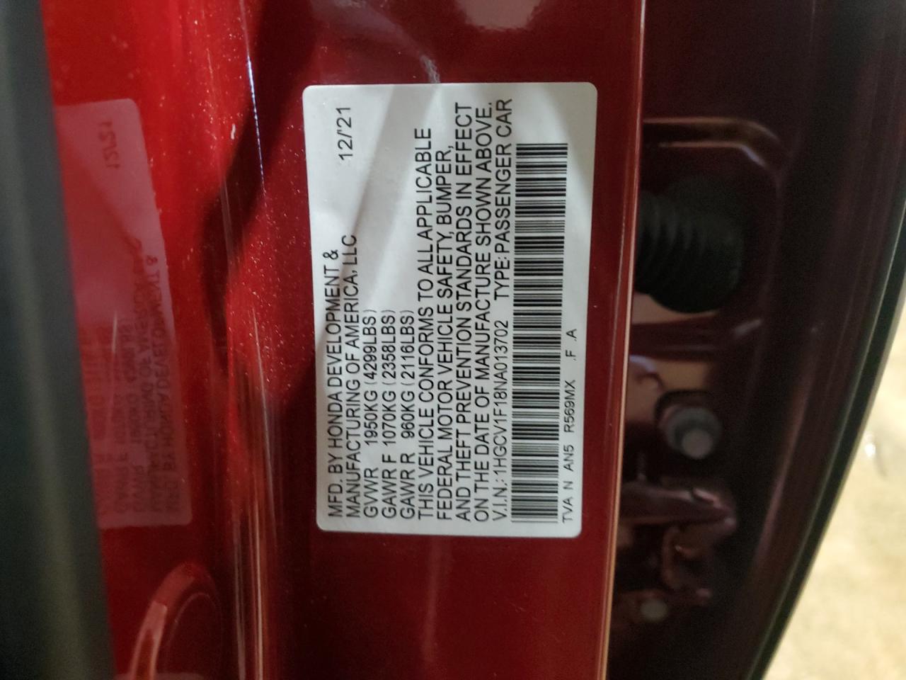 2022 HONDA ACCORD LX VIN:1HGCV1F18NA013702