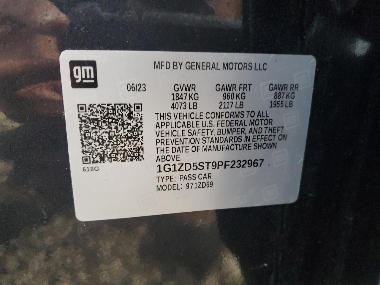 2023 CHEVROLET MALIBU LT VIN:1G1ZD5ST9PF232967